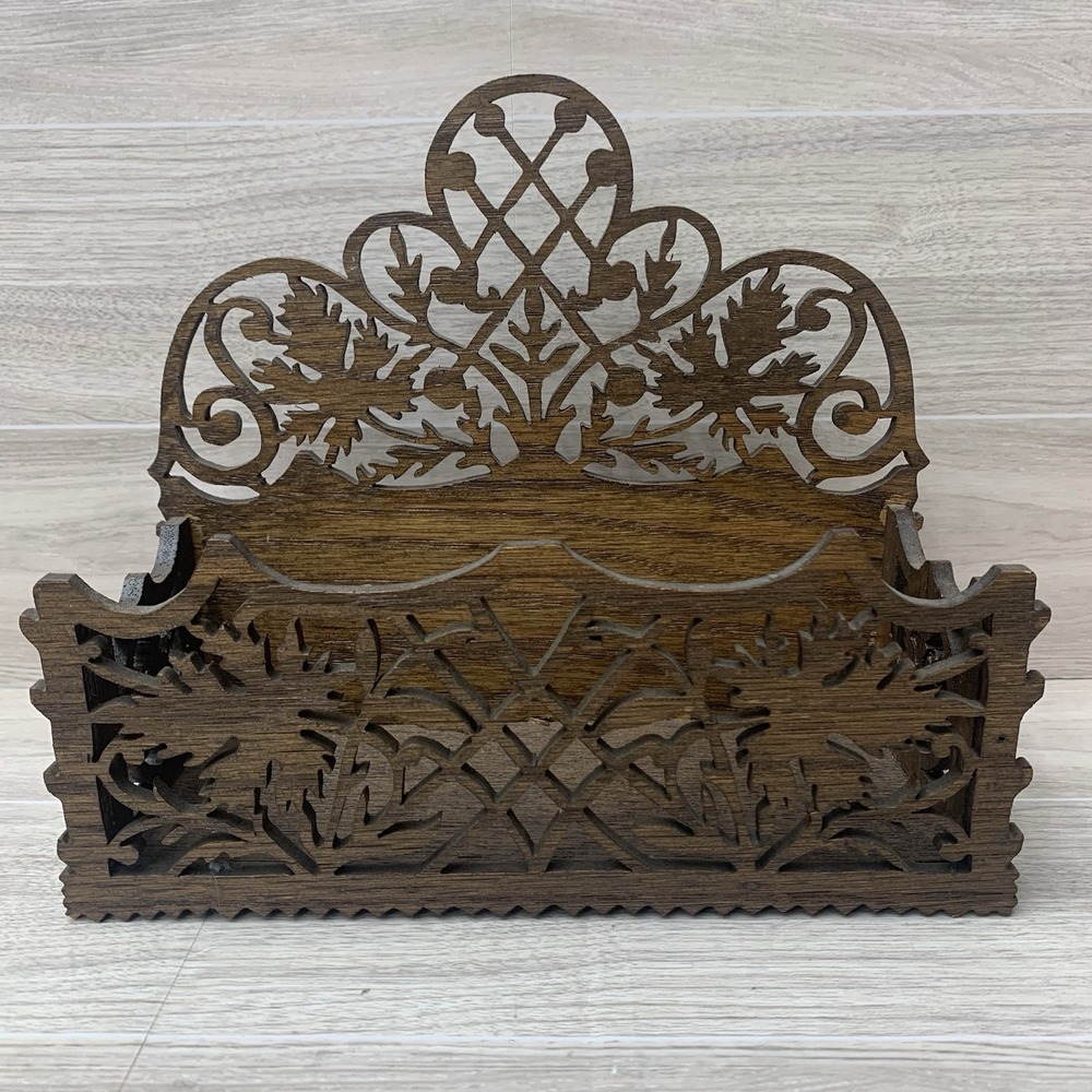 VTG Floral Carved Wood Letter Holder Desk Organizer Cut Out Rack
